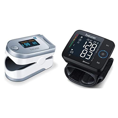 Beurer Oxímetro de pulso PO 60 con Bluetooth + BC 54 Tensiómetro de muñeca con conexión a app, tecnología de inflado, indicador de riesgo por colores y detección de arritmias