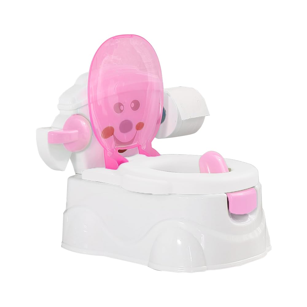 Dekko Boys Pink 3-In-1 Kids Potty Trainer Seat Potty Topper Stepstool Safety Toilet Training Toddler Children Non Slip Wipe Storage Removable Bucket, Toilet Paper Holder, & Girls（Pink）