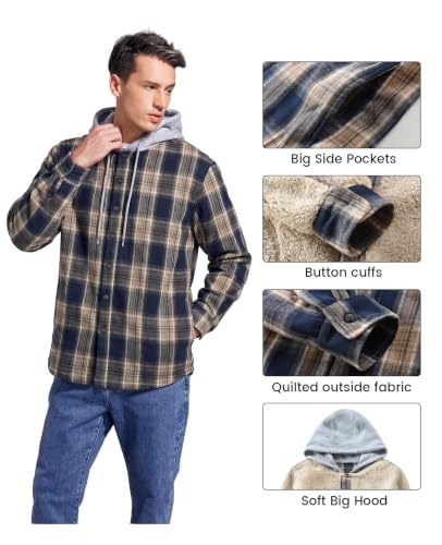 Image of Men's Cotton Plaid Shirt Jacket Fleece Flannel Sherpa Button Down