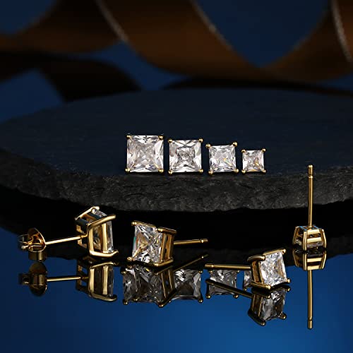 4 Pairs Real Gold Plated Square Stud Earring Set, Princess Cut Clear Cubic Zirconia Hypoallergenic Earrings Pack for Women and Men4