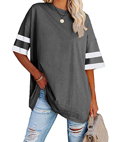 Ebifin Damen Oversize T Shirt Rundhals Kurzärmeliges Tops Casual Lockere Basic Sommer Tee Shirts Bluse.Dunkelgrau.L