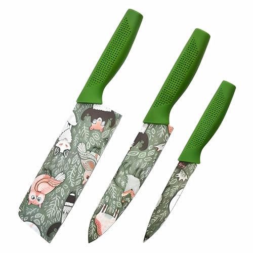 Image of La' Forte 3 Pcs Kitchen Knife Set with Protective Covers | Chef Knife, Utility Knife & Paring Knife | Printed Stainless Steel Blades with Ergonomic Grip | Cutting, Chopping & Slicing (Green)
