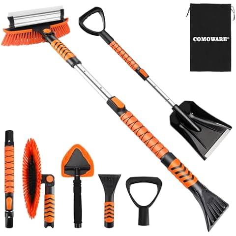 COMOWARE Extendable Snow Brush for Car, Ice Scrapers for Car Windshield Combo Kit with 270° Pivoting Head, 6-in-1 Snow Removal Tool with Snow Shovel Snow Scraper for Car, Truck, SUV, Winter Car Kit Cover