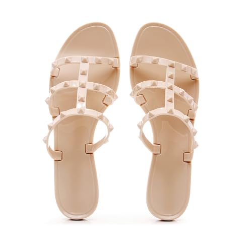 Image of Women Flats Sandals, Studded Jelly Shoes Size 9 Red Dressy Summer Beach Rivets Strappy Jellies Slide Slip On Open Toes