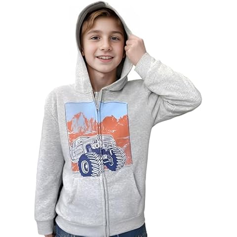 V.&GRIN Boys Zip Hoodie Sweatshirt Grey Truck Soft Brushed Fleece Spring Kids Jacket Outerwear Clothes Size 13-14 Cover
