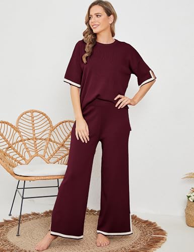 Image of Tanming Sweater Sets Women 2 Piece Lounge Sets Short Sleeve Knit Pullover Tops Wide Leg Pants