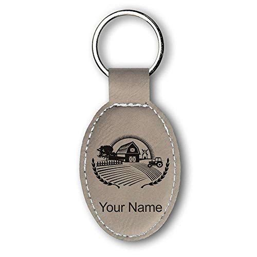 Oval Keychain, Farm, Personalized Engraving Included (Light Brown)