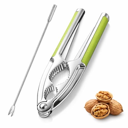 JJUNW Nut Crackers Nutcracker Heavy Duty Walnut Cracker Tool with Forks/Picks Seafood Cracker Walnut Opener Tool with Green Non-Slip Handle
