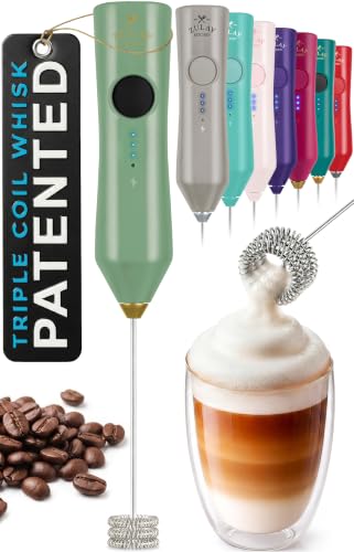 Image of Zulay Kitchen Rechargeable Milk Frother Handheld - Frother Wand, Drink Mixer, Electric Whisk Frother, for Cappuccinos, Matcha & Protein Powder - Dynamic Triple Whisk, 3 Speed 500mAh Forrest Green Gold
