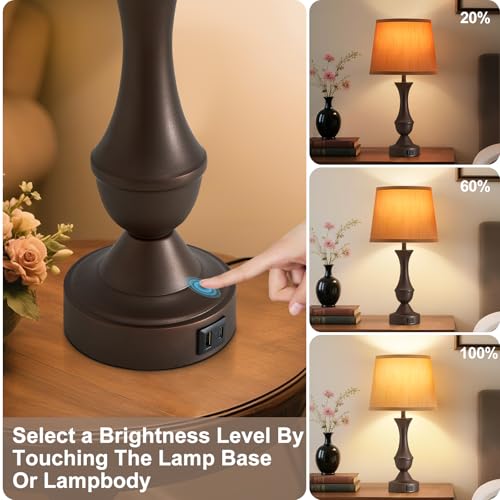 Image of Luvkczc 22 inch Table Lamp Set of 2 - Farmhouse Vintage Brown Bedside Lamp | Brown Fabric Shade, Dimmable, USB C+A Ports, Nightstand Lamp for Living Room Bedroom (Bulb Included)