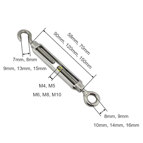 Tensor para cable con gancho, acero inoxidable 304, 1 pieza, tamaño M12 miniatura 4