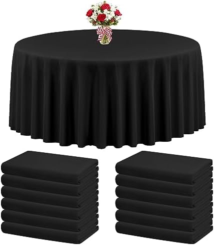 12 Packs Black Round Tablecloths 108 Inches Polyester Fabric Circular Table Cloth Stain and Resistant Wrinkle Washable Table Cover for Wedding,Parties,Banquet, Holiday,Dinner Tables Decorate