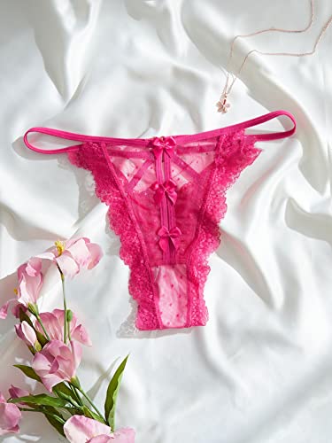 Sweatyrocks Women's Floral Lace Lingerie Bow Front Cut Out Mid Rise Panties Thongs Underwear Hot Pink L #TOP6