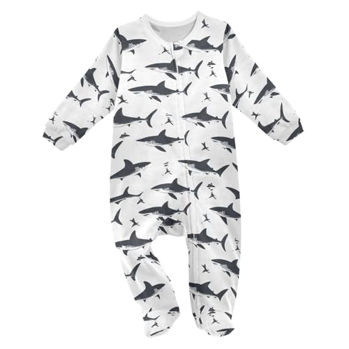 Wusikd Shark One-Piece Footies White Bodysuit Rompers Zipper for Boys Girls 24M