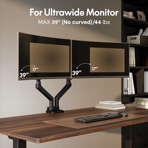 Image of FlexiSpot Monitor Stand, Heavy Duty Dual Monitor Arm for Ultrawide Screen up to 39 inch and 44 Lbs, Adjustable Gas Spring Arm with C Clamp & Grommet Base for Gaming Office, 75 /100 VESA Mount, Wood Grain