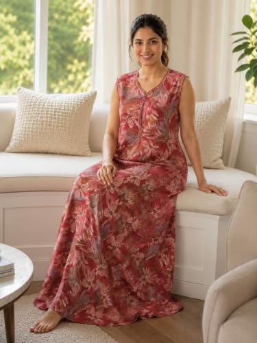 Image of 9shines Label Alpine Sleeveless Nighty | All Over Print Maxi for Women | Night wear for Women | Full Length Night Gown for Women | Night Dress for Women Stylish (Alpine Sleeveless 24)
