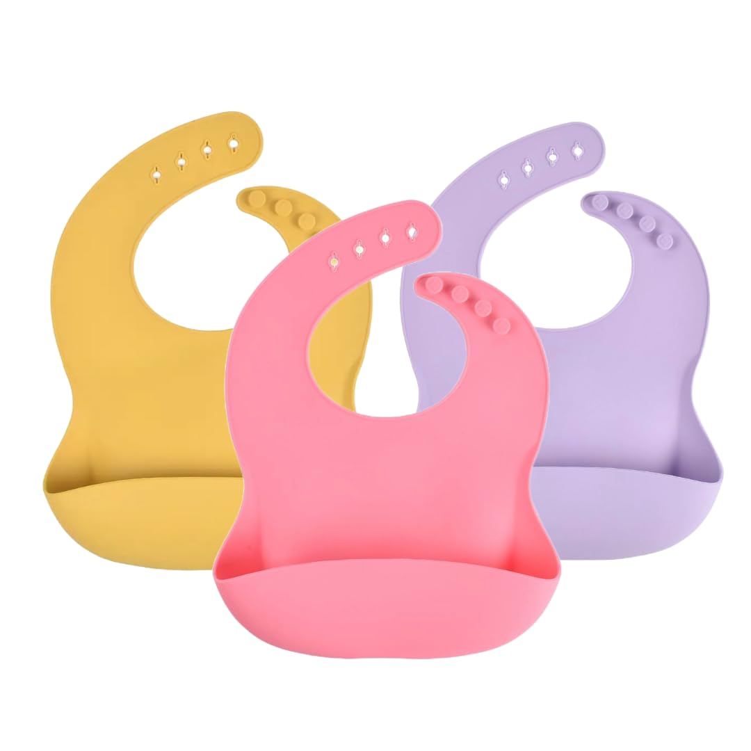 Silicon Baby Bibs for Toddlers Mess-Free Design Waterproof Soft Adjustable Crumb Catchers | Set of 3 Pink/Yellow/Purple Ideal for Baby Girls, One Size