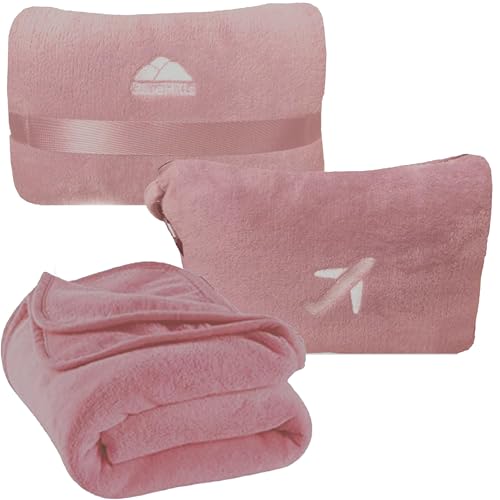 Image of BlueHills Travel Blanket Pillow in Mini Soft Case Premium Plush Airplane Blanket in Soft Bag Compact Pack with Luggage Belt and Backpack Clip - Dusty Rose Pink M02