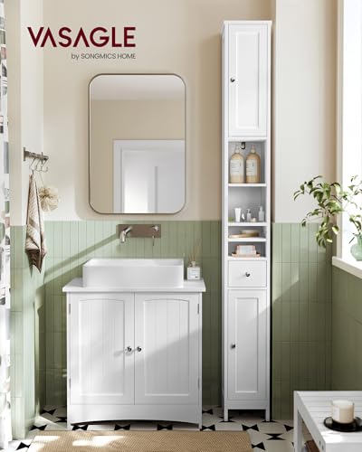 Image of VASAGLE Tall Storage Cabinet, Slim Freestanding Floor Cabinet with Adjustable Shelves, Drawer, Open Compartments, for Small Spaces, Bathroom, Living Room, Modern, Cloud White UBBC765W01