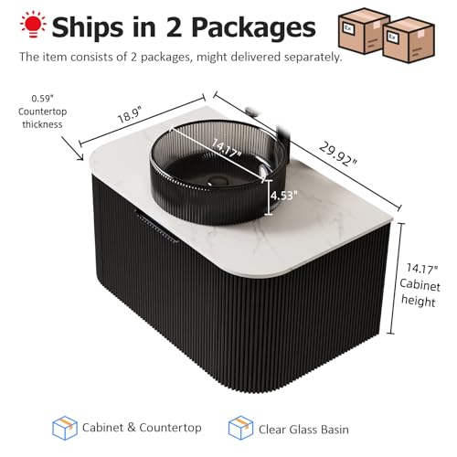 AmbroVania 30" Floating Bathroom Vanity with Sink, Modern Bathroom Cabinet with Transparent Black Glass Basin and Ultra-Thin Marble Top, Extra Large Storage Drawer, Soft-Close Design, Nature Wood