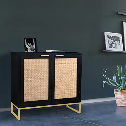 Anmytek Modern Accent Storage Cabinet With 2 Rattan Doors, Mid Century Buffet Sideboard For Living Room Black/Gold, H0046 #TOP5