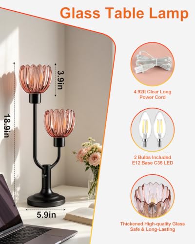 Image of Lightdot Mid Century Modern Flower Table Lamp for Living Room Pink Dimmable | Nightstand Lamp Glass Vintage Black Desk Lamp 2 Bulbs Included Warmwhite Ambient Bedside Lamps for Bedroom Home Decor Gift