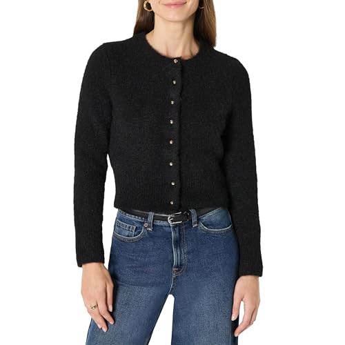 Amazon Essentials Women's Regular-Fit Faux Mohair Wool Blend Sweater Cardigan with Gold Buttons, High Round Neckline, Black, Small - image 1