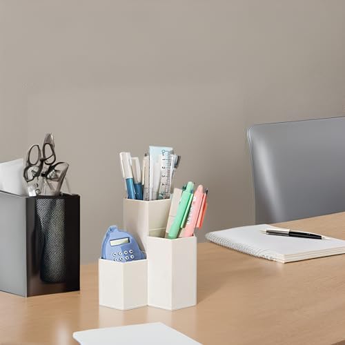 Image of Pen Holder for Desk, White Pens Cup with 3 Compartment Small Desk Organizer Cute Pencil Holder for Office,School and Home (White, Triangular)