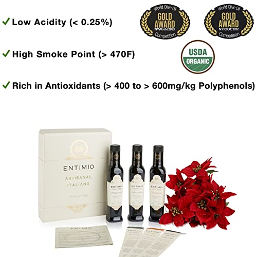 Entimio Collection | Italian Polyphenol Rich (+400-600Mg/Kg) 2023 Gold Award Organic Olive Oil Extra Virgin | 2022 Harvest From Tuscany, Italy, Early Harvest Olive Oil Set | 25.5 (3 X 8.5) Fl Oz #TOP1
