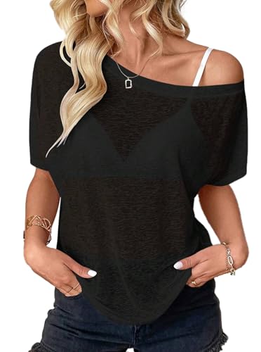 Image of Hilinker Women's Sheer Off The Shoulder Tops See Through Sexy Short Sleeve Mesh Shirt Summer