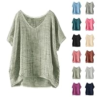 Chemise Femme Été Chemisier Coton Et Lin - Blouse Femme Grande Taille Ete Chemises Manches Courte Chemisiers Couleur Unie Blouses Décontractés Haut Grande Taille Respirant Summer Top De Plage Tops