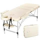 Abician Table de Massage Pliante à 3 Sections, Table de Massage Dossier Relevable avec Pied en Métal, Lit de Massage Hauteur Réglable avec Sac de Transport, Cravité Faciale Beige