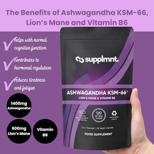 Supplmnt. Ashwagandha Hochdosiert 2000mg mit KSM-66, Lions Mane, Vitamin B6, 120 Kapseln, 2 Monate Vorrat, 3 in 1 Formel, Stressabbau und Immunsystemunterstützung