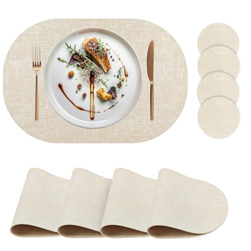 yuuzue Faux Leather Placemats Set of 4 with Matching Coasters, Heat Resistant PU Oval Placemats, Waterproof Wipeable Washable Place Mats, Non-Slip Table Placemats for Dining Table Kitchen Patio