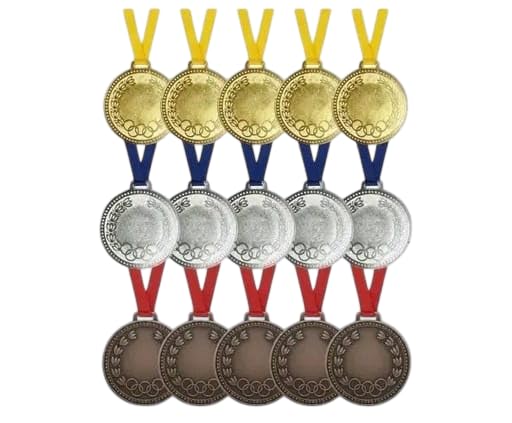 Winner Medal Set Pack of 15 with Ribbon (5 Gold, 5 Silver & 5 Bronze) | Award Medals for Kids & Adults | Sports Competition, School Events, Games, Tournament Prize Medal Set-picture-21