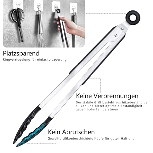 35cm Silikon Küchenzange, Grillzange, Hitzebeständigem Silikongriff, Verriegelbare Metallzange, ideal zum Kochen, Grillen 4