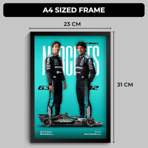 Image of George Russell Mercedes F1 Poster | Framed AMG F1 Car A4 Sized (31 x 23 cm) | Russell and Kimi Posters | Mercedes Car Frame for Wall, Gift for Boys, Formula 1 Frame | Formula 1 Frames (F 176)