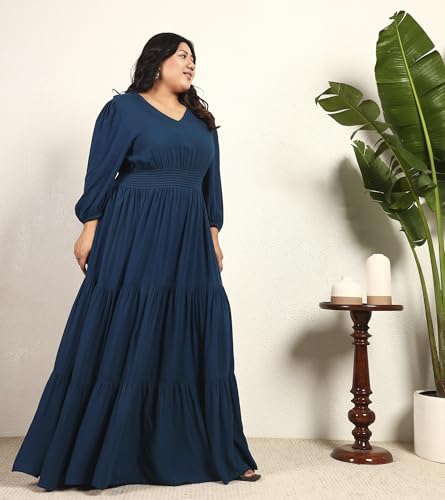 Image of DEEBACO Women's Plus Size Solid Rayon Tiered Maxi Dress|3 /4 Sleeve|V-Neck|Casual Trending Stylish Long One Piece Dresses Women Western