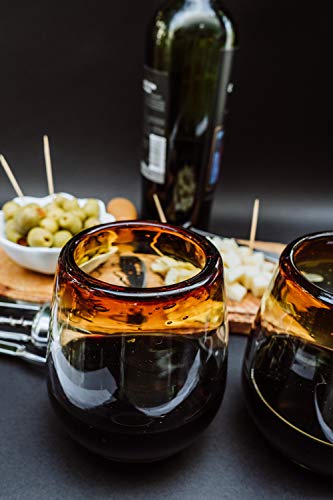 Fiesta Brands Stemless Wine Glass Set - Elegant Hand-Blown Stemless Wine Glasses 2-Pack for Red and White Wine - Vintage No Stem Wine Cups with Beautiful Amber Rim - Great Gift for Wine Lovers