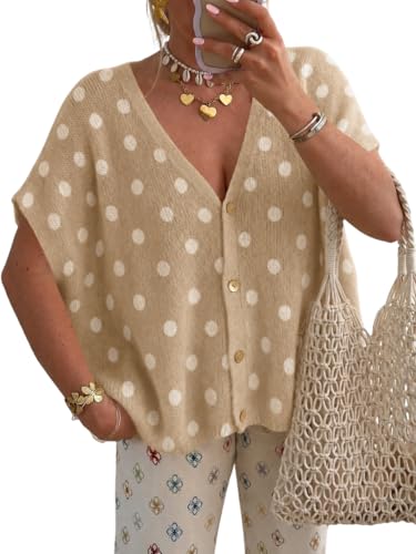 Image of Saodimallsu Womens Summer Oversized Cardigans Batwing Short Sleeve Lightweight Button V Neck Casual Knit Sweater Tops