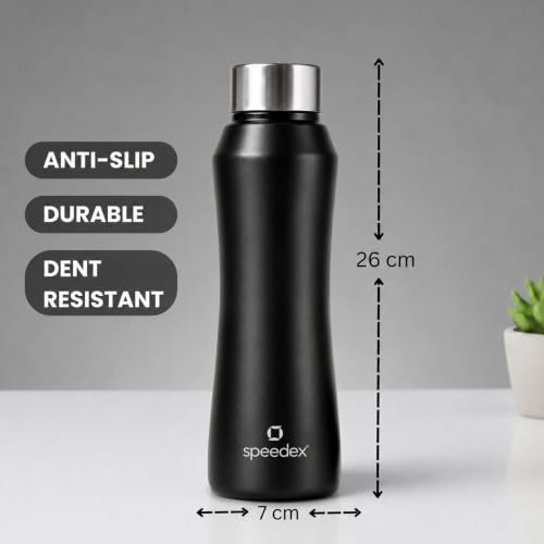 Image of Speedex Stainless Steel Water Bottle 1 Ltr, Leak Proof Screw Cap, BIS Approved 1000 ml Metal Bottle For Daily, Office, School, Gym, Travel Use for Men, Women, Kids, Adults, Black, Set of 1