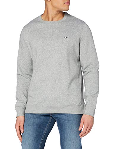 Image of Original Penguin Men's Crew Neck Logo Regular Fit Hooded Long Sleeve Sweatshirt, Grey (Grey (Rain Heather) 080), Small (Manufacturer Size:Small (Manufacturer Size: S))