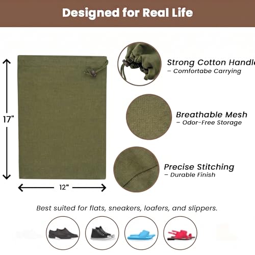 Image of LFH Cotton Shoe Storage Bags with Drawstring, Breathable Dustproof Reusable Shoe Organizer for Travel, Gym, Dorm, Hotel, Machine Washable Easy Carry 12 inchx17 inch (Pack of 6), Military Green