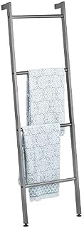 mDesign Metal Free Standing Leaning Decorative Bath Towel Bar Storage Ladder - Holds