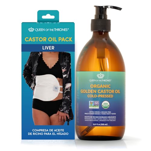 QUEEN OF THE THRONES Castor Oil Pack for Liver Kit - Heatless, Less-Mess, Reusable - Organic Cotton Flannel, Comfort Fit, Soft Straps & Naturopathic Doctor Designed (16.9 oz Castor Oil Included)