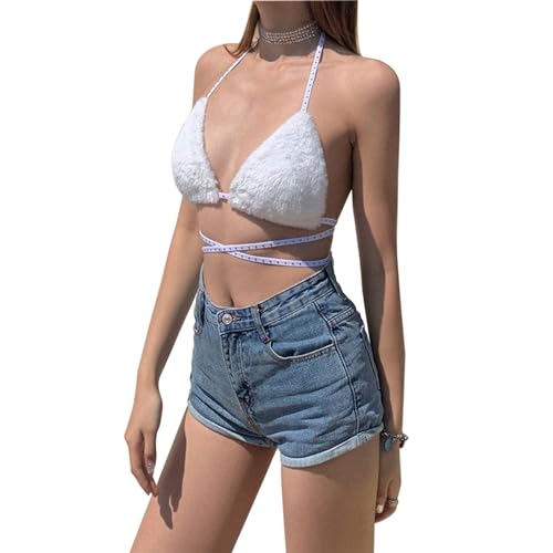Women Furry Bra Top Deep V Sexy Strappy Halter Crop Top Bikini Backless Crop Tank Top Rave Party Dance Hot Clubwear2