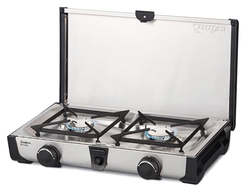 Enders Ryda 2Z, Gaskocher mit Zündsicherung, 2-flammig, Edelstahlbrenner 2x2,3 kW, klein und kompakt, inkl. Gasschlauch und Windschutz #1862, Silber/Schwarz