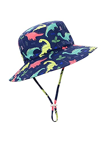 Baby Sun Hat UPF 50+ Sun Protective Toddler Bucket Hat Summer Kids Beach Hats Wide Brim Outdoor Play Hat for Boys Girls Navy Dinosaur 6-12 Months