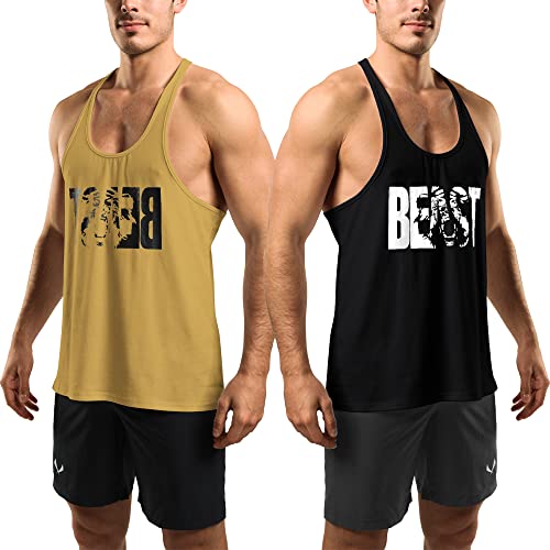 GYM REVOLUTION Men s 2 Pack Beast Stringer Muscle Y Back Workout Racerback Fitness Tank Tops Black Yellow L