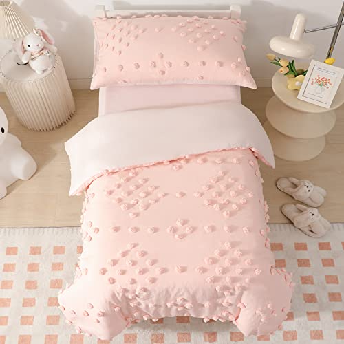 Toddler Bedding Set for Girls 4-Piece Pink Jacquard Pom Pom Tufts Bohemian Boho Tufted Dots Crib Toddler Comforter Set for Baby Kids Bed-in-a-Bag with Comforter, Flat Sheet, Fitted Sheet, Pillowcase